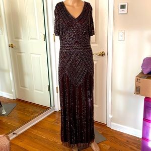 Pisarro nights long plum color dress w/beaded and sequin detail